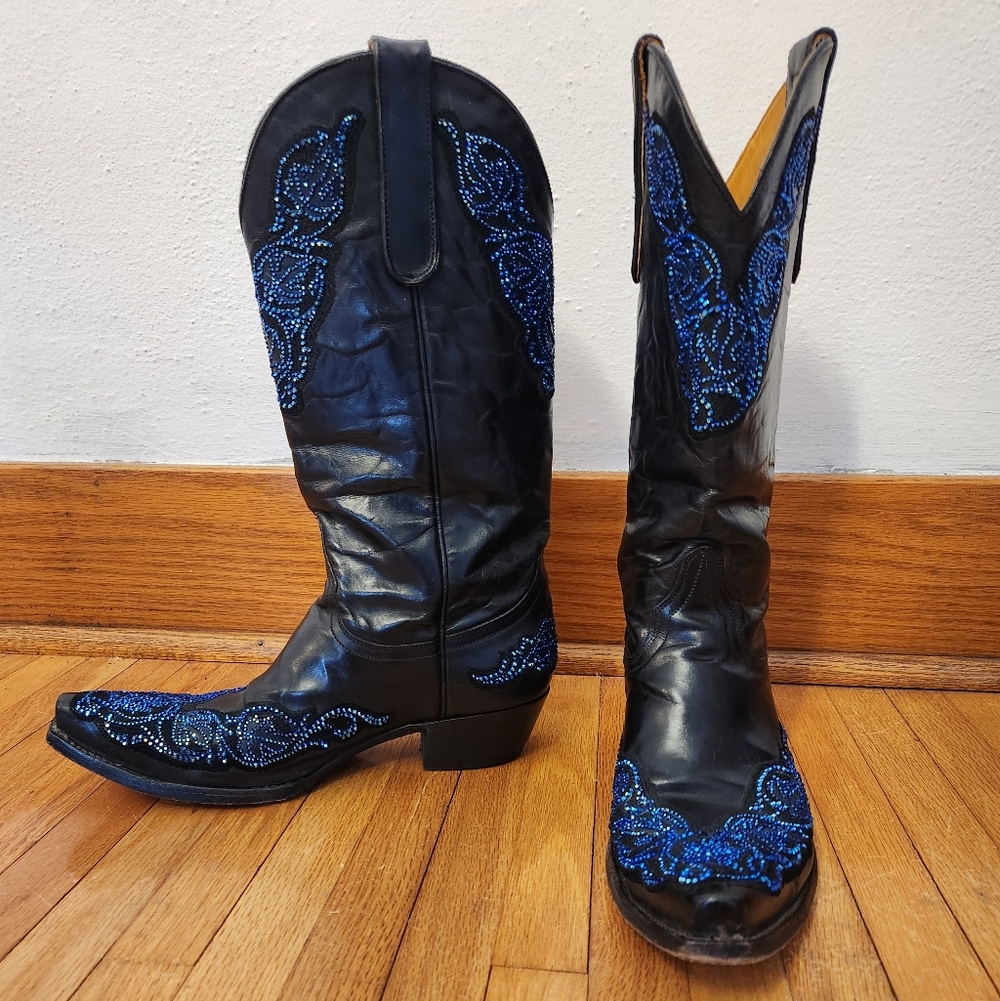 Old Gringo Viridiana Black Boots with Blue Shimmer Rhinestones Size 7.5